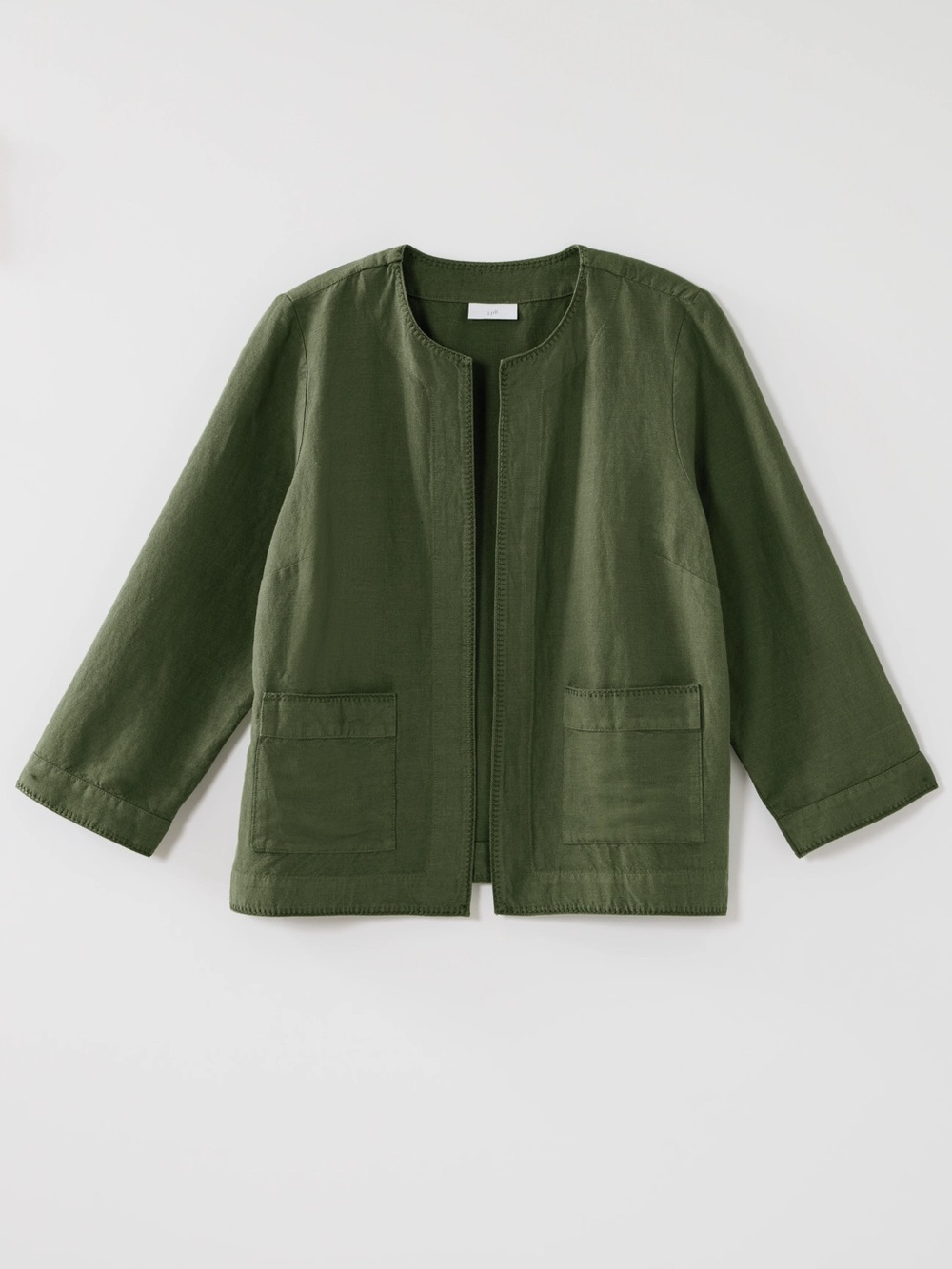 J. Jill Whipstitched Olive Linen Blend Open Front Jacket